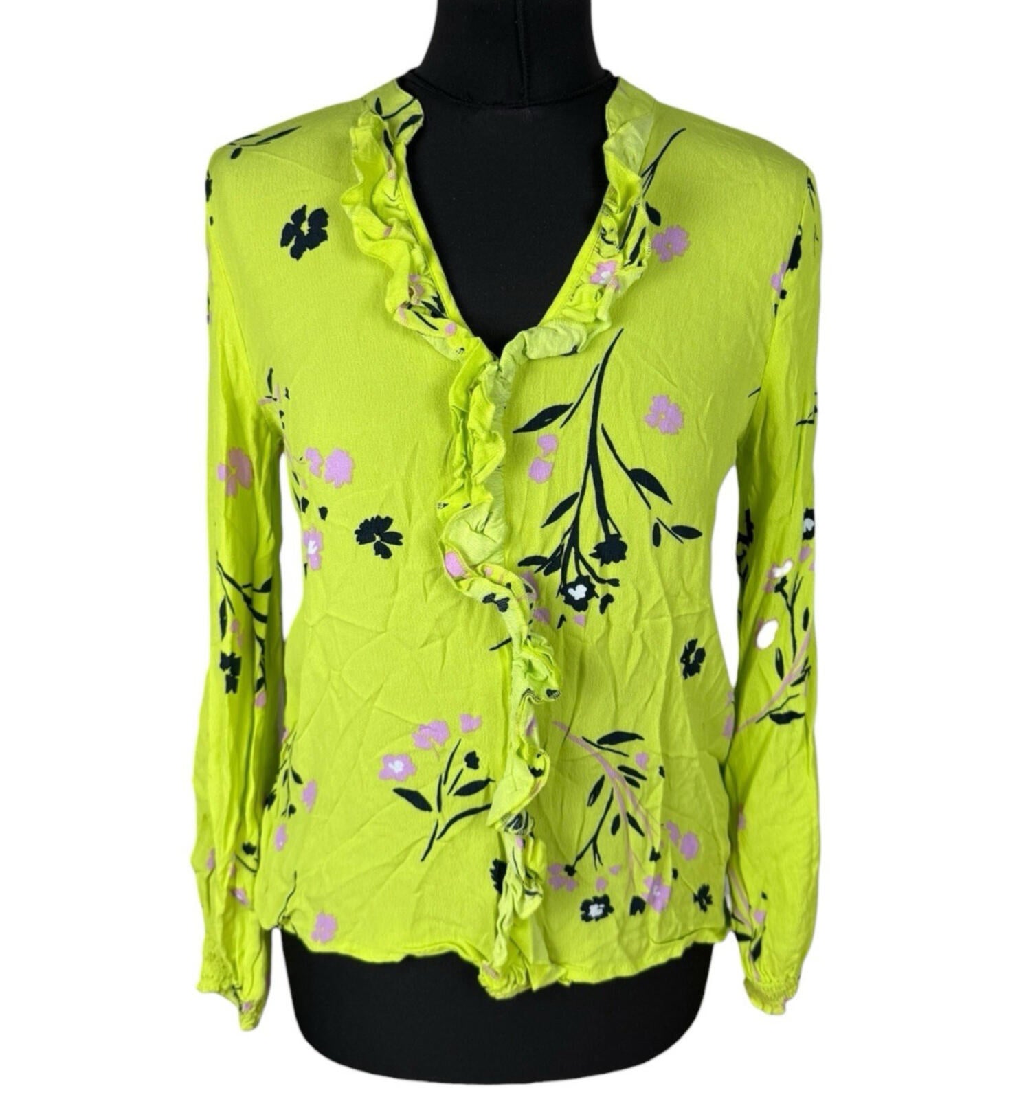 River Island Neon Blouse Women’s UK Size 10 Long Sleeve Frill Detail Floral
