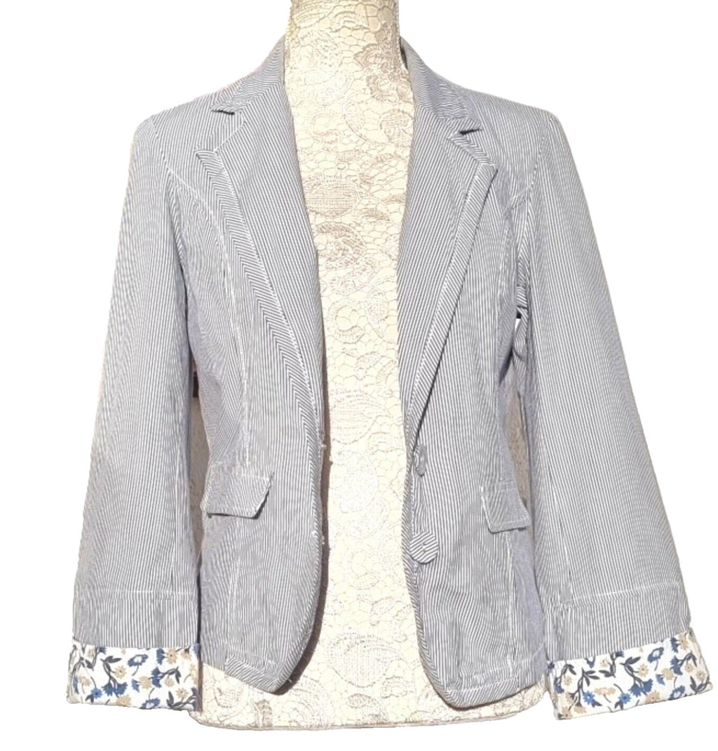 Blue Stripe Blazer Jacket Cotton White Pinstripes Size 10