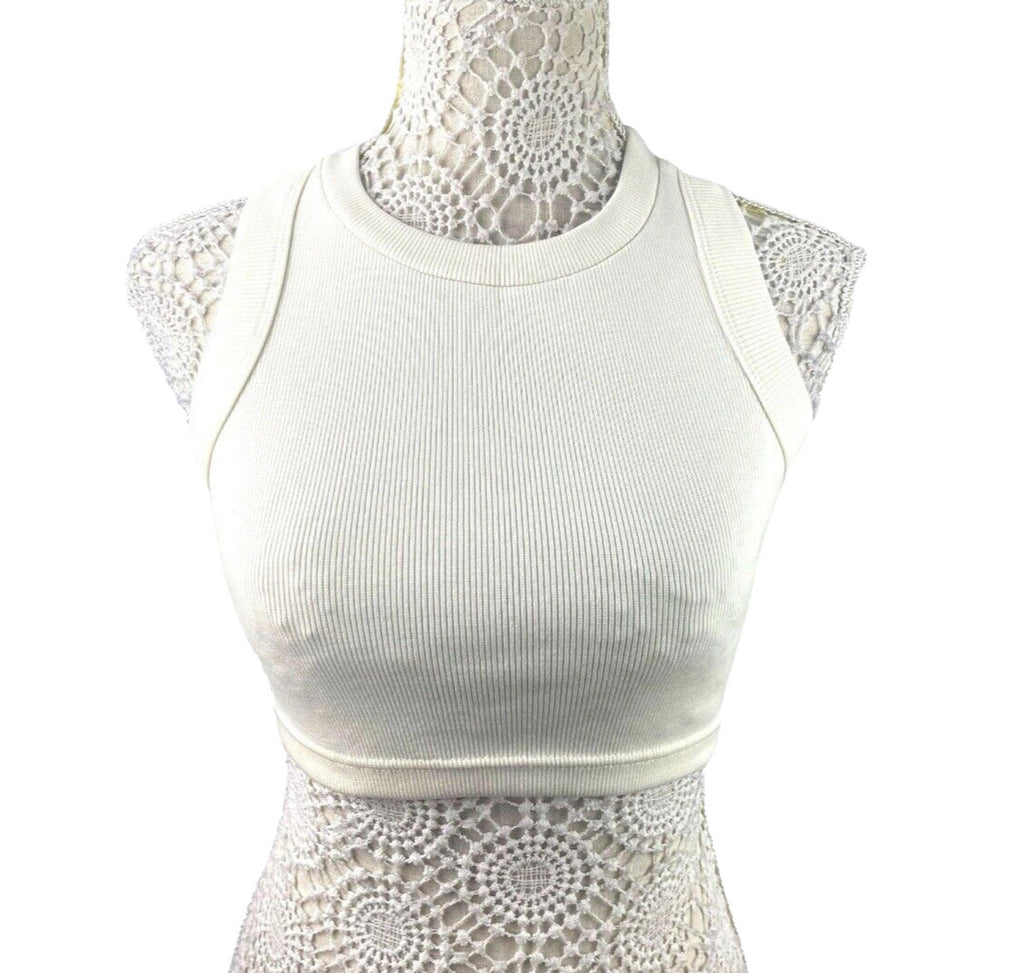 Ribbed Racerback Crop Top Women’s UK Size S Ivory Crew Neck Sleeveless Summer