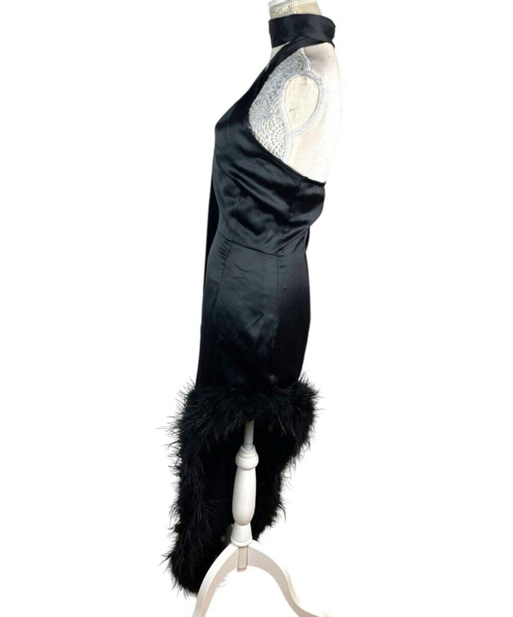 Pretty Little Thing Black Satin Dress Feather Trim Women’s UK Size 8