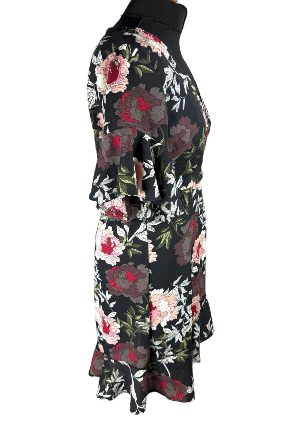 AX Paris Dress Black Floral Wrap Front Frill Knee Length Women’s UK Size 10