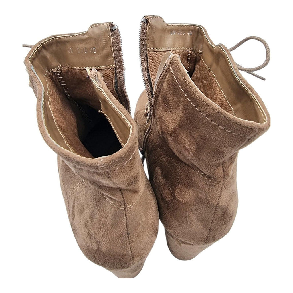 Laura Mode Beige Suede Lace Up Ankle Boots Women's UK Size 6.5 Block Heel Zip