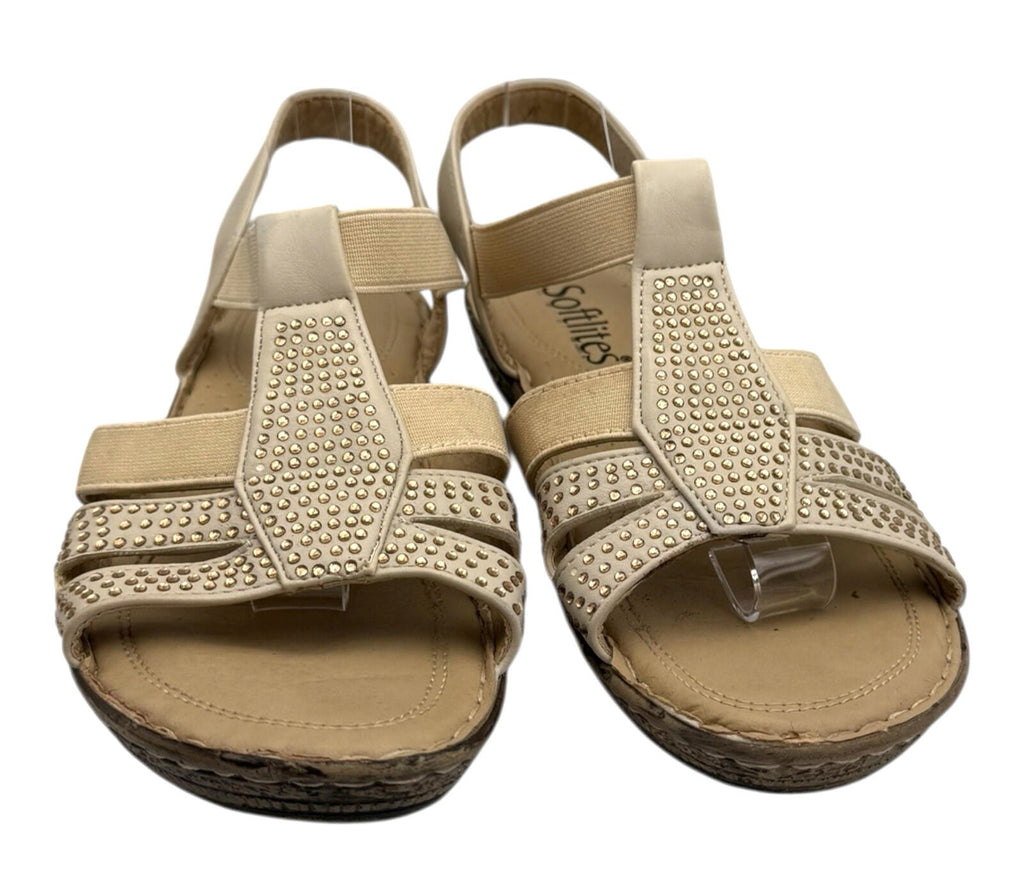 Softlites Sandals Elasticated Diamante Low Heel Cushioned Gladiator Beige Gold
