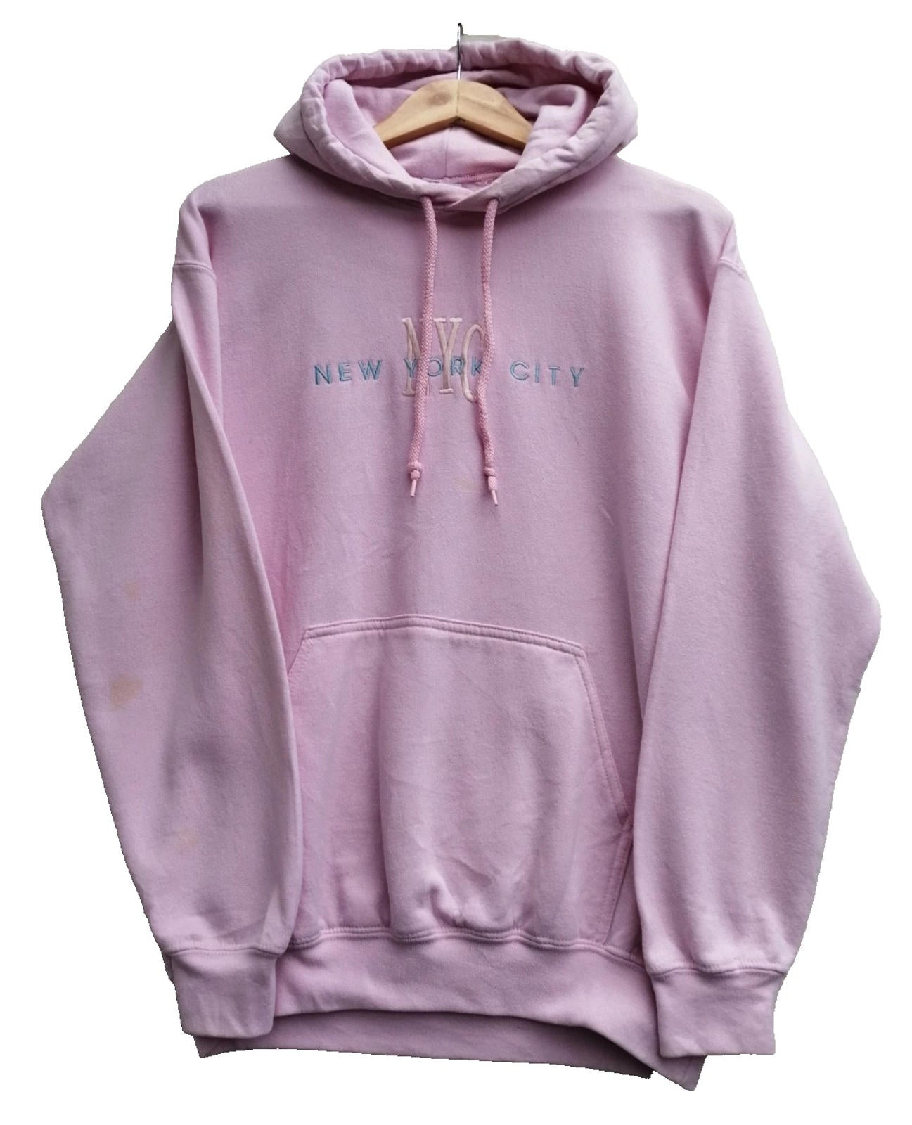 New York City Embroidered Hoodie Men's Size M Pink Jersey Hooded Pockets Sports