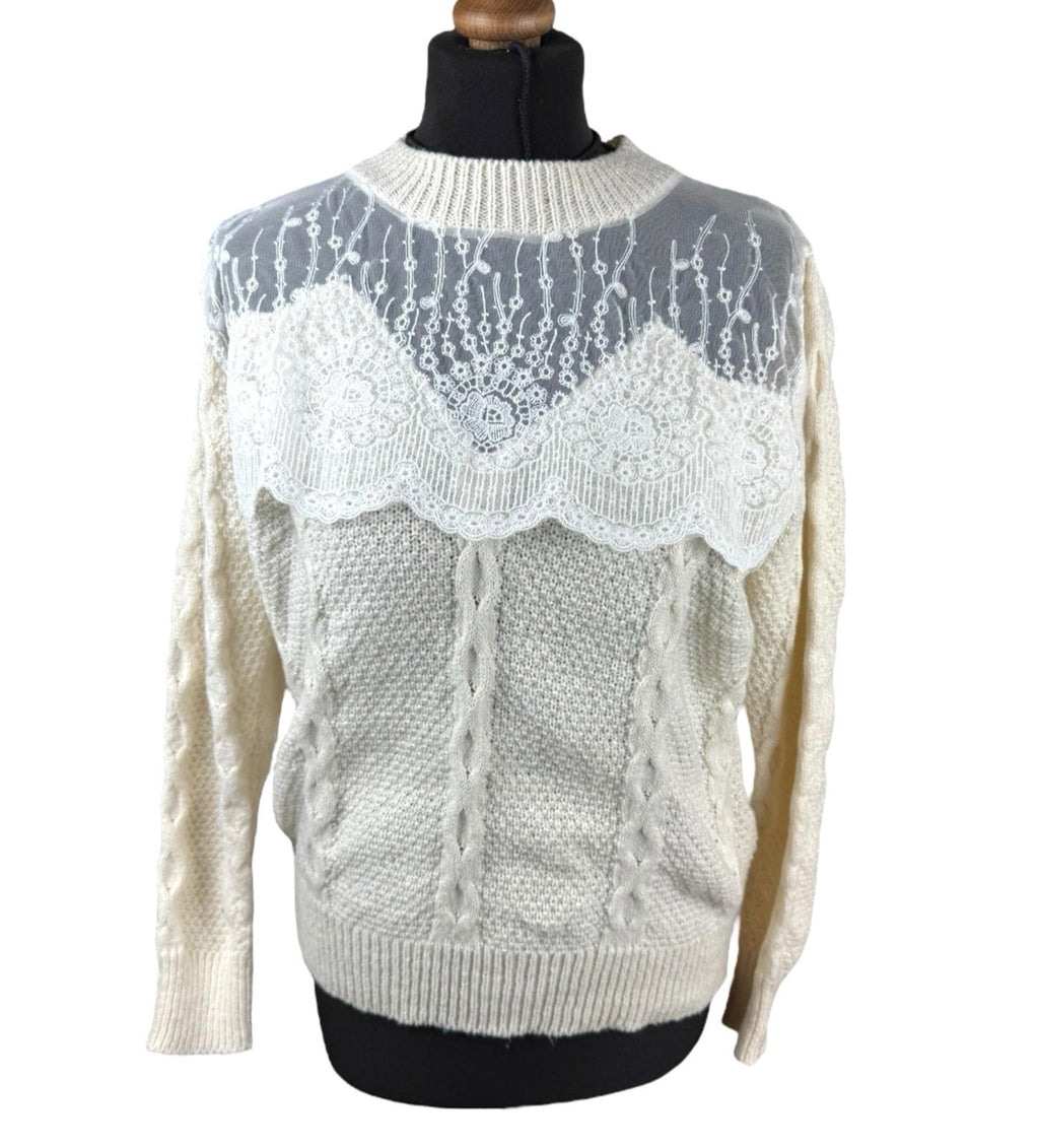 Shein Beige Knit Jumper White Lace Panel Long Sleeve Women’s UK Size L