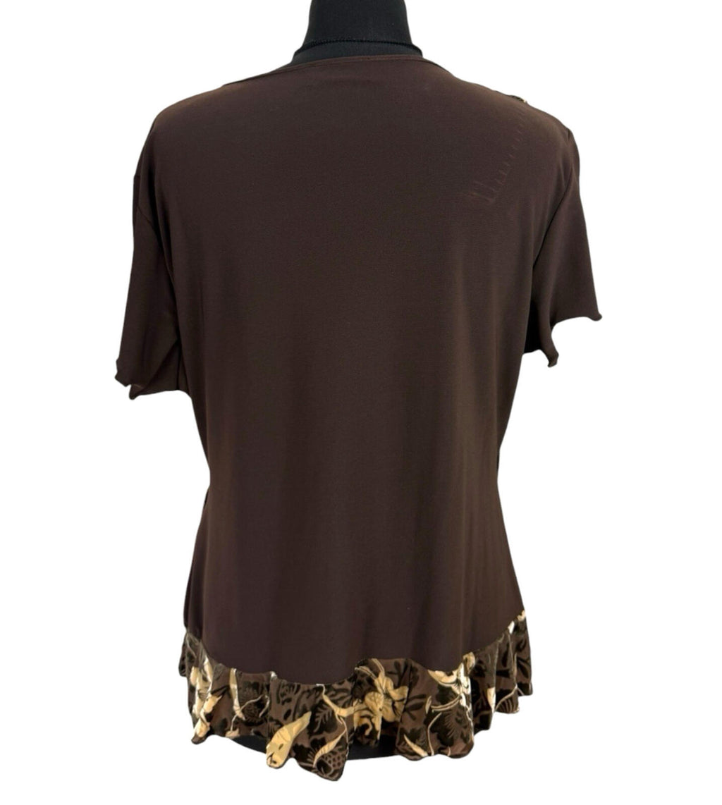 Saloos Skirt And Top Co Ord Set Women’s UK Size XL Stretch Floral Frill Brown