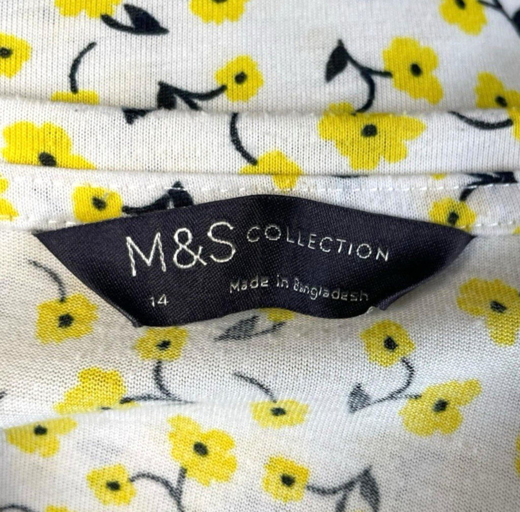 Marks & Spencer White Yellow Floral T-Shirt Blouse Women’s UK Size 14 Crew Neck