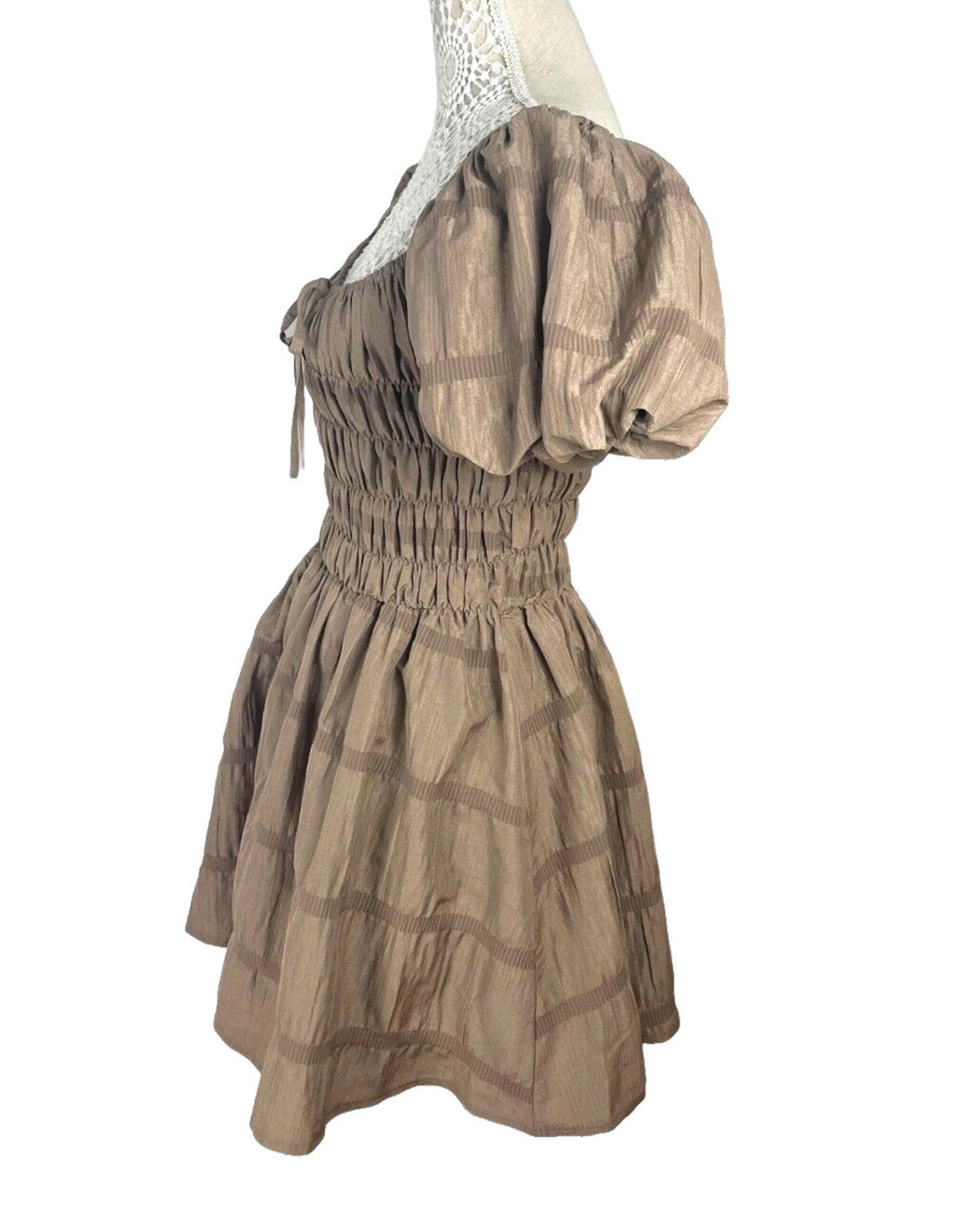 Pretty Little Thing Mini Dress Brown Shirred Aline Women's UK Size 8