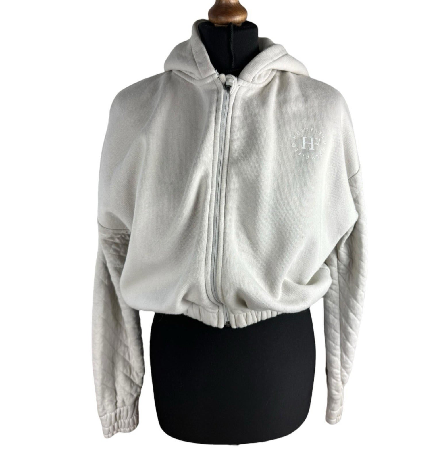 Holyfield Beige Cropped Hoodie Zip Front Quilted Arm Girls UK Age 14-15