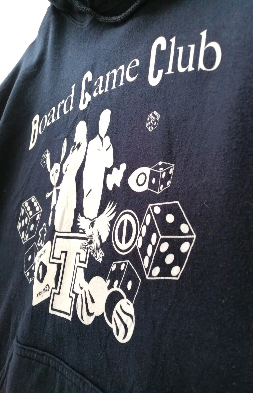 Graphic Print Hoodie Men's Size M Navy Blue Jersey Board Game Club