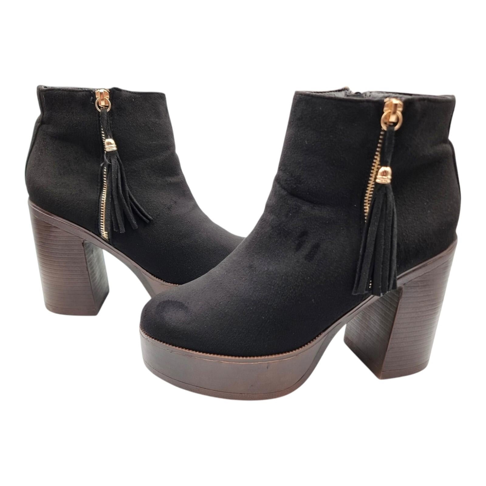 Krush Ankle Boots Black Block Heel Faux Suede Women's UK Size 7