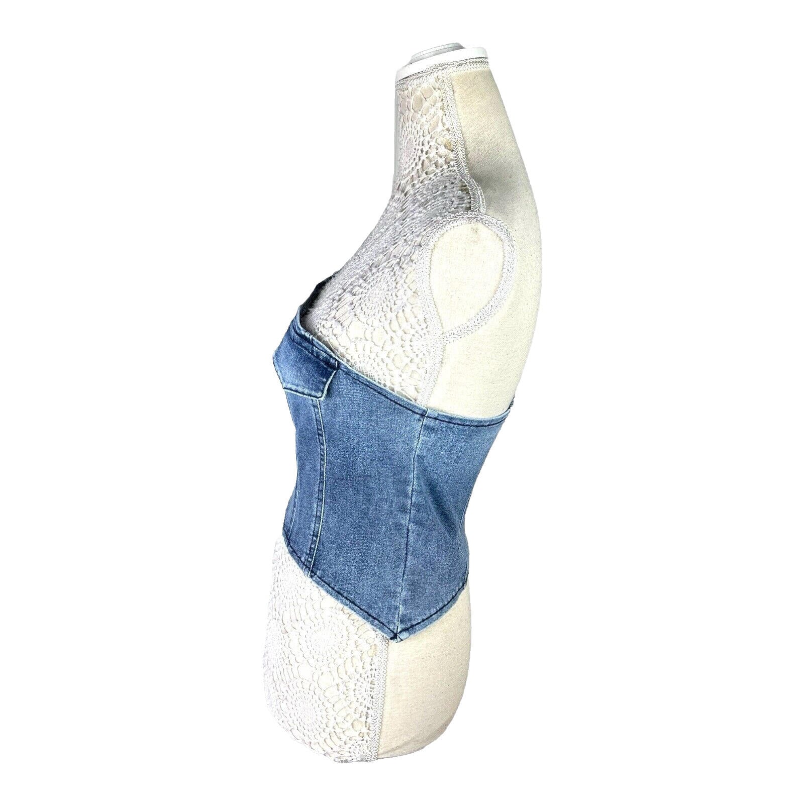 Denim One Shoulder Asymmetrical Crop Top Mock Pocket Women’s UK Size 8