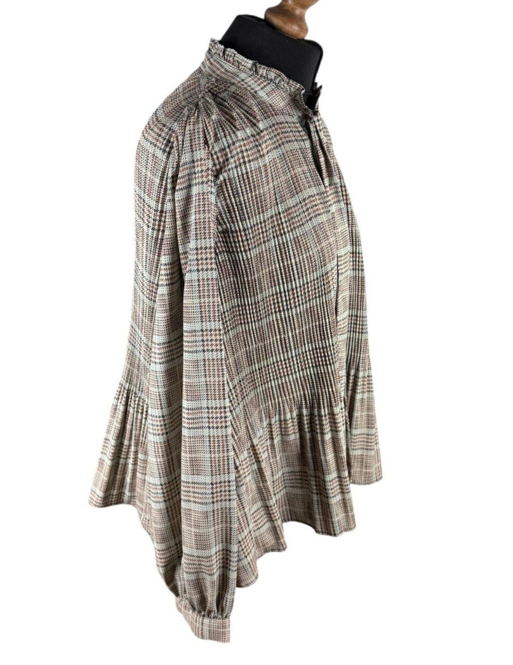 Zara Brown Beige Blouse Tie Neck Top Frilled Hem Women’s UK Size L