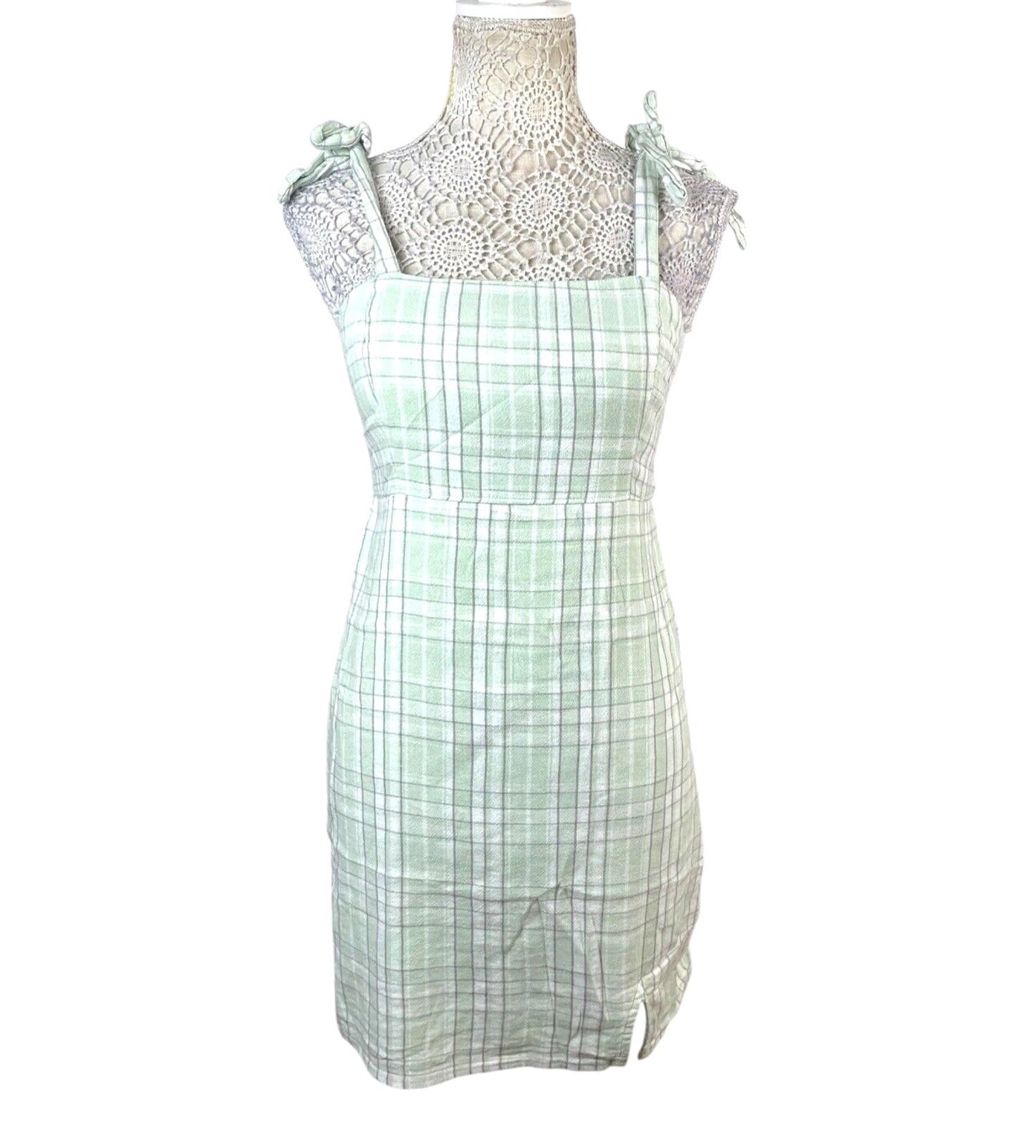 Hollister Plaid Pinafore  Mini Dress Women’s UK Size M Green White Tie Shoulder