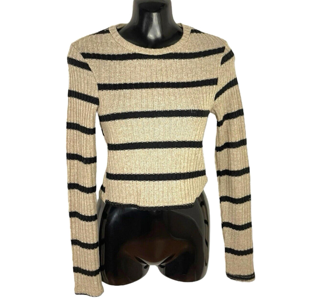 Stradivarius Jumper Black & Beige Striped Top Long Sleeve Women’s UK Size XS
