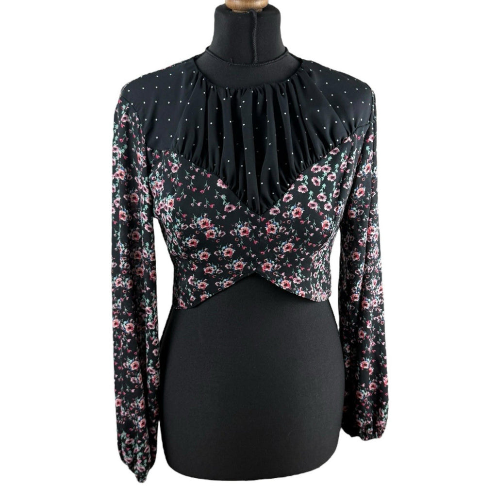 Topshop Black Floral Croptop Backless Hugh Neck Long Sleeve Women’s UK Size 10