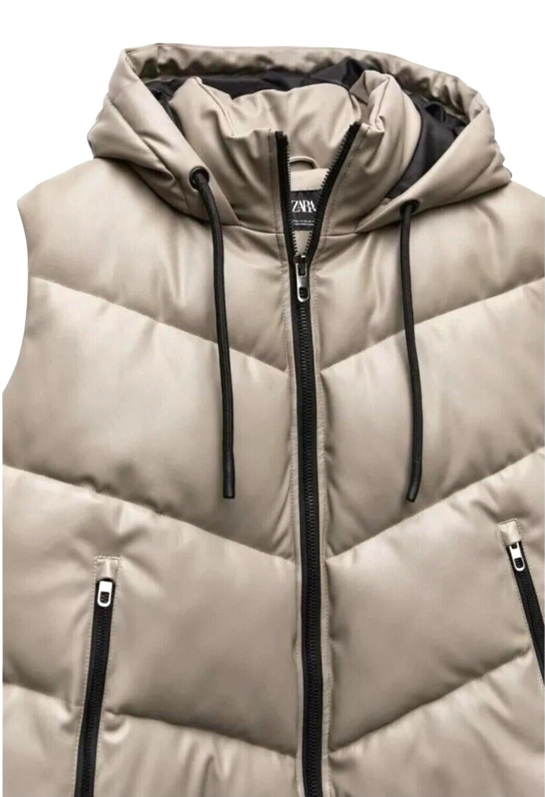 Zara Gilet Women's UK Size XS Faux Leather Puffer Beige Hooded Waist Coat