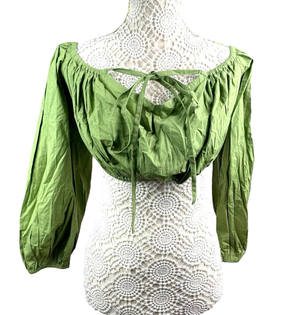 Khaki Green Off Shoulder Crop Top 3/4 Bell Sleeve Women’s UK Size 8