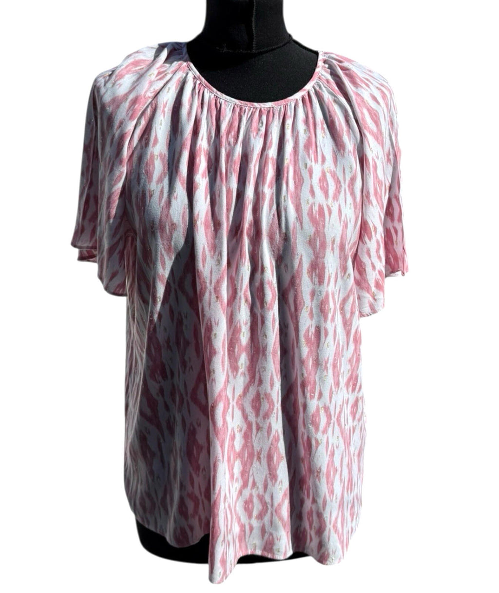 Papaya Pink White T-Shirt Blouse Gold Shimmer Geometric Print Women’s UK Size 14