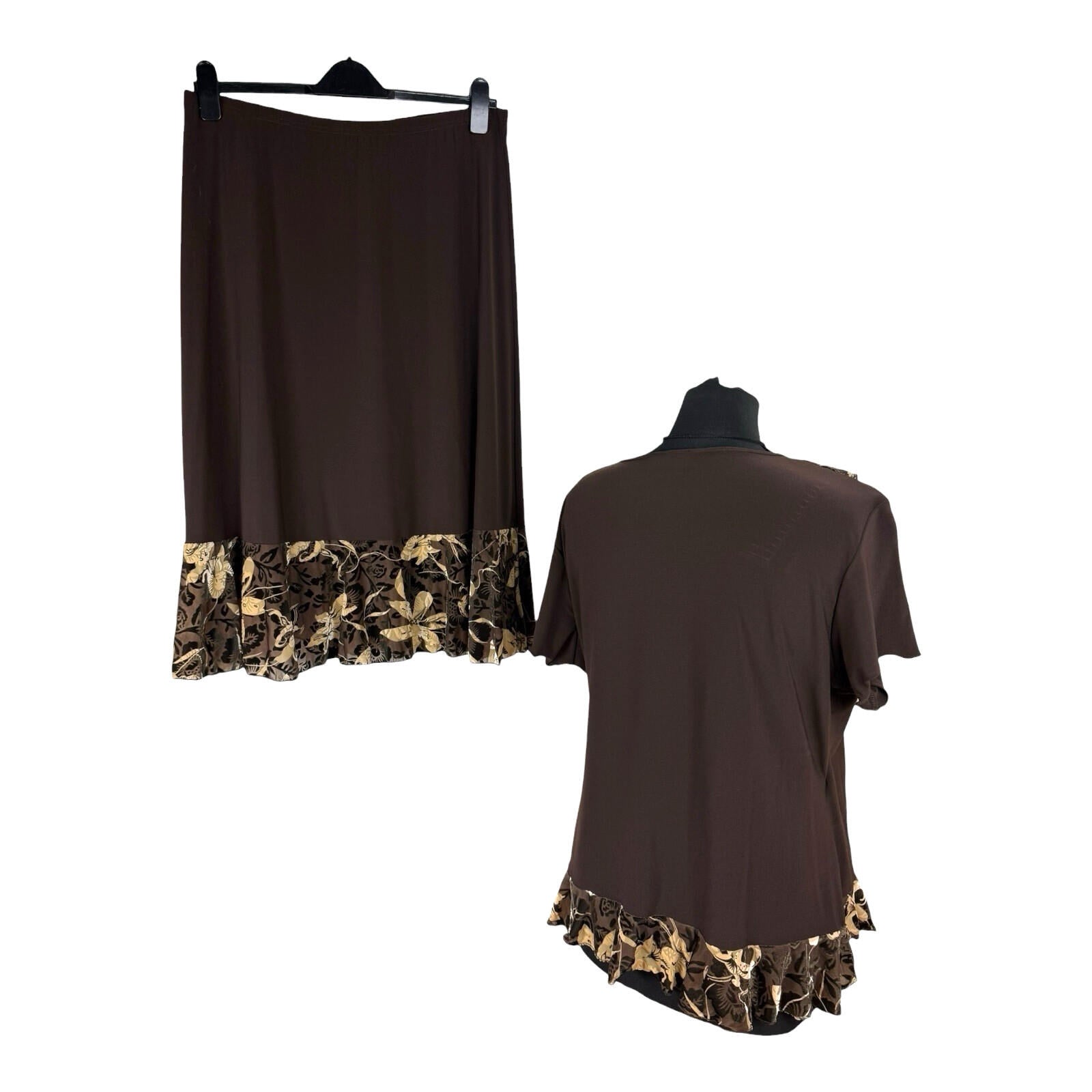 Saloos Skirt And Top Co Ord Set Women’s UK Size XL Stretch Floral Frill Brown