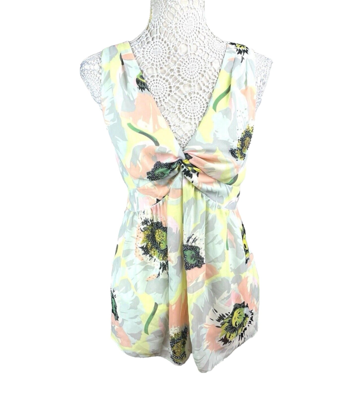 Ted Baker Floral Chiffon Top Beaded  Pastel Size 3 (UK Size 12)