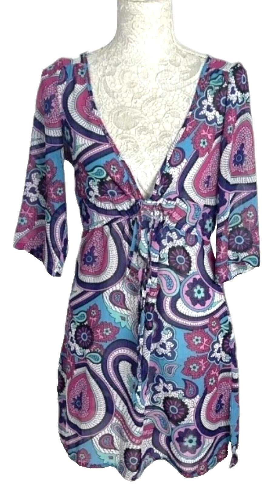 Next Paisley Print Cover Up Mini Dress Women's UK Size 8 V-Neckline Tie Detail