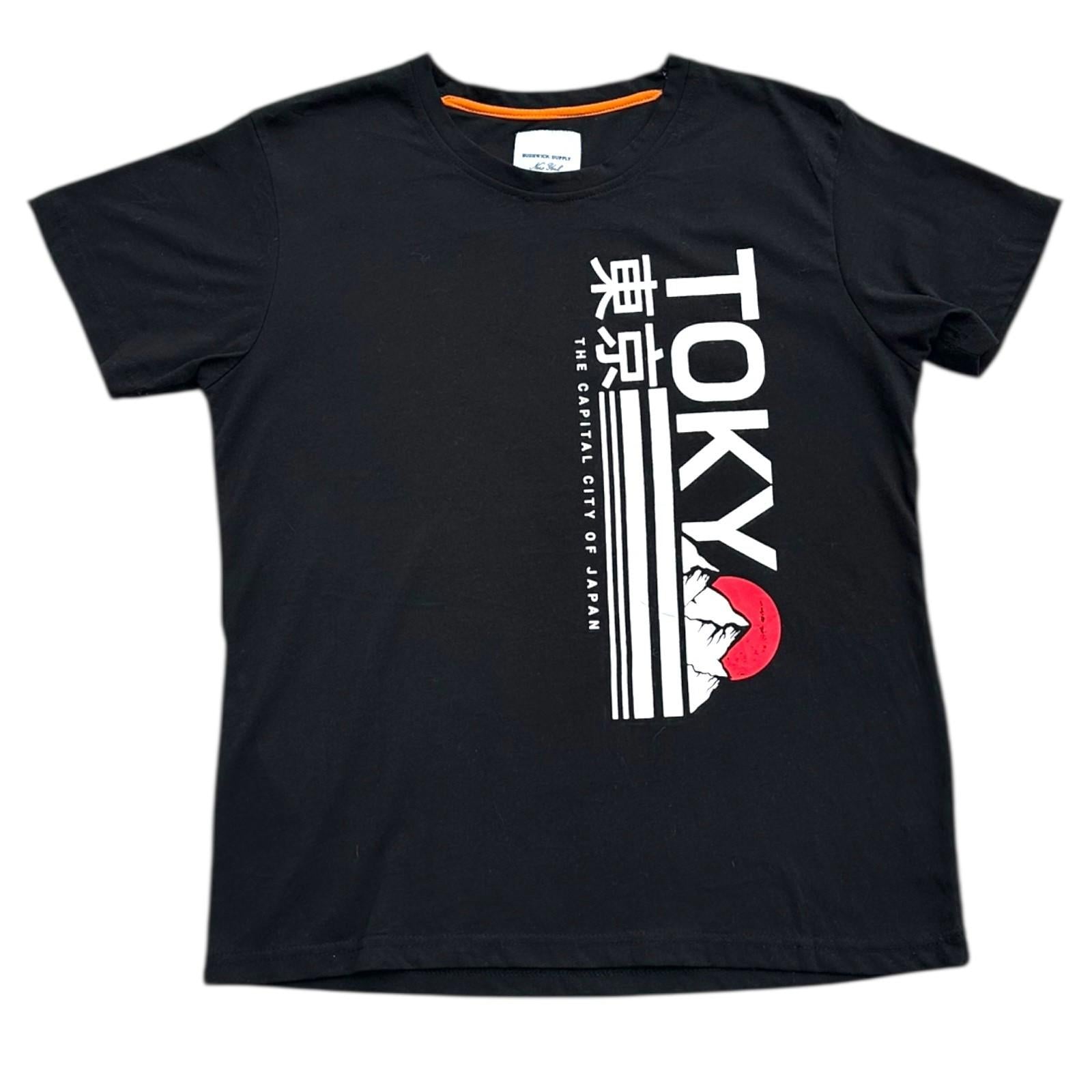 TOKYO Print T-Shirt Men's UK Size M Black Red Rising Sun Graphic Print Crew Neck
