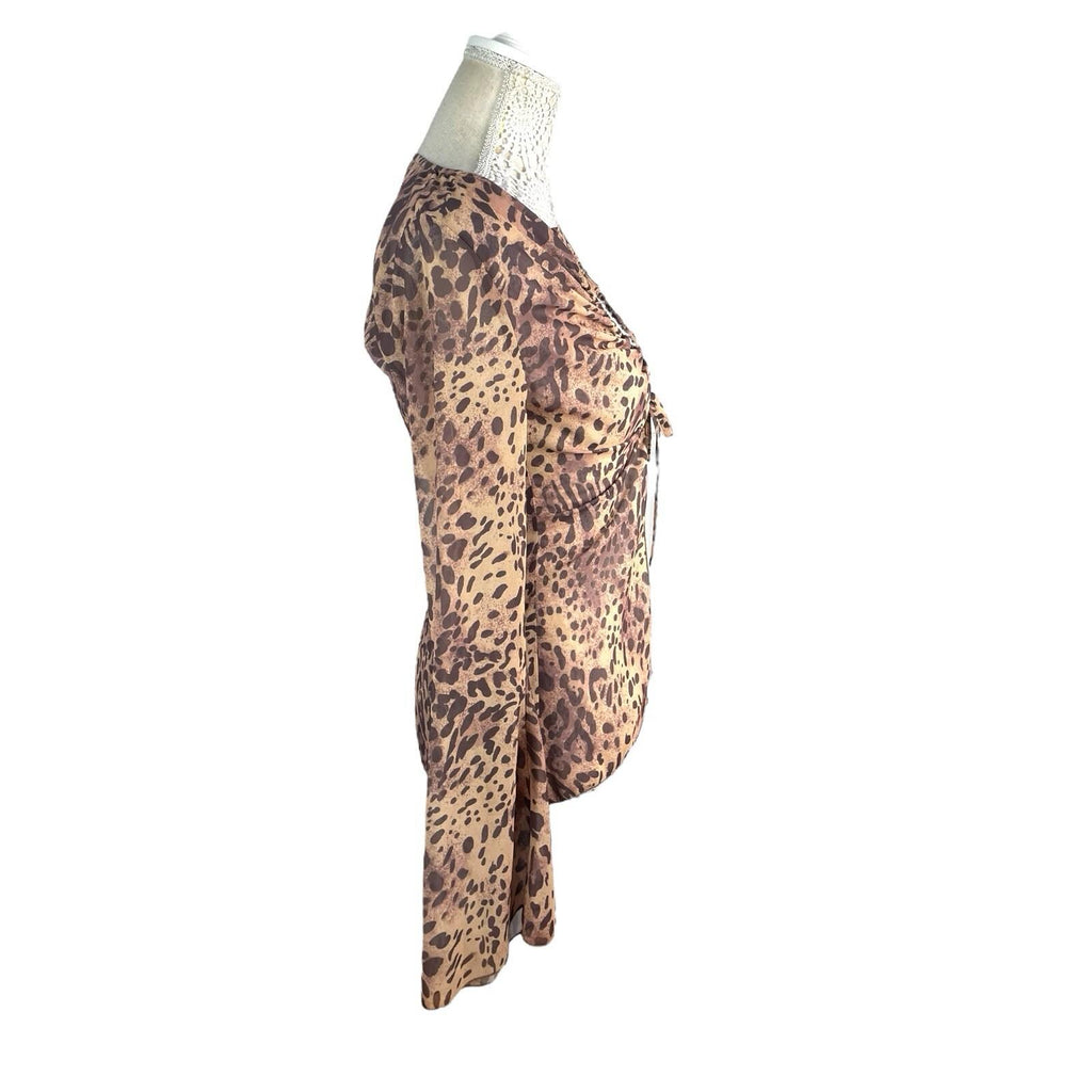 Pretty Little Thing Leopard Print Tie Front Blouse Women’s UK Size 8 Flared Cuff