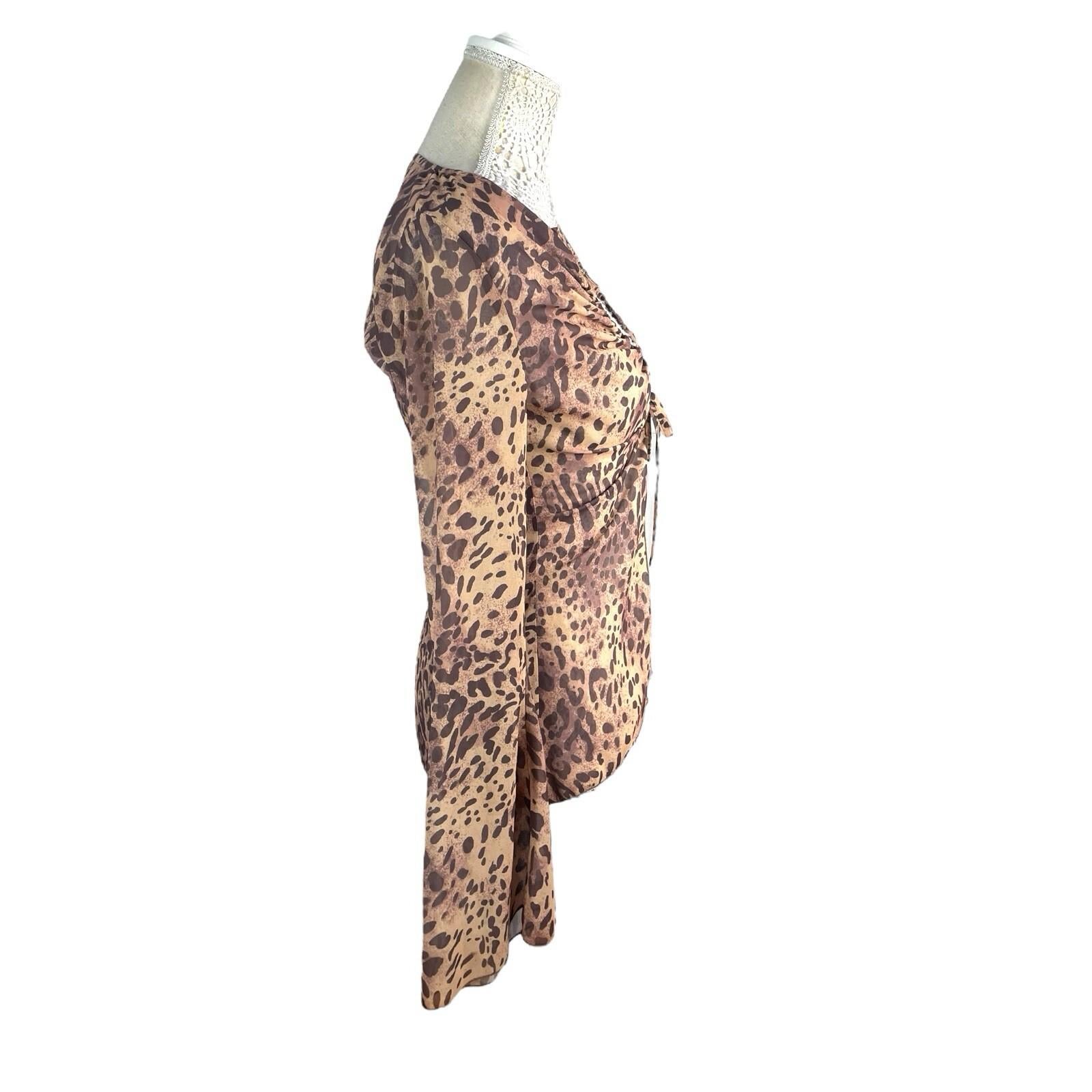Pretty Little Thing Leopard Print Tie Front Blouse Women’s UK Size 8 Flared Cuff
