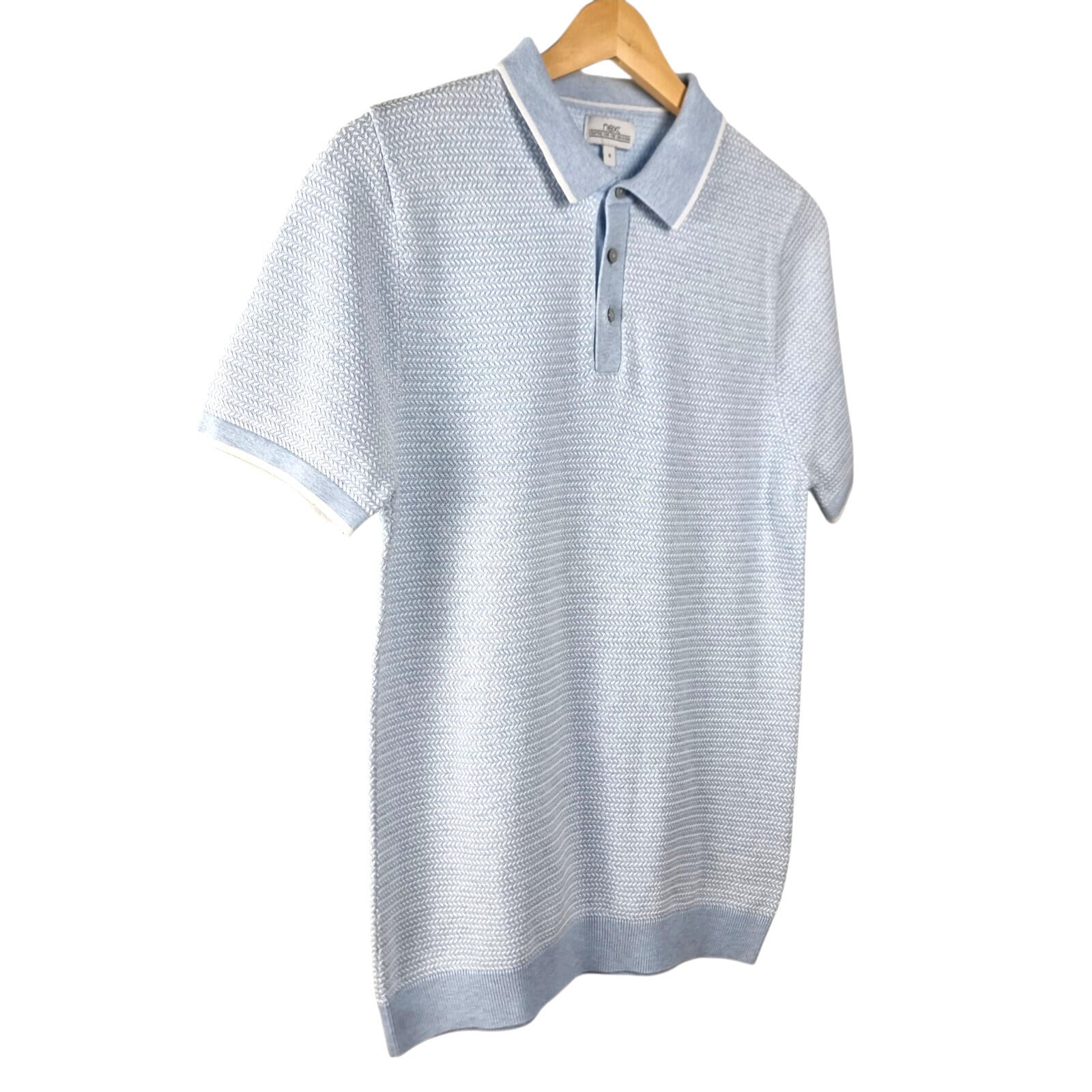 Next Knit Polo Shirt Men's UK Size S Textured Sky Blue Short Sleeve 100% Cotton