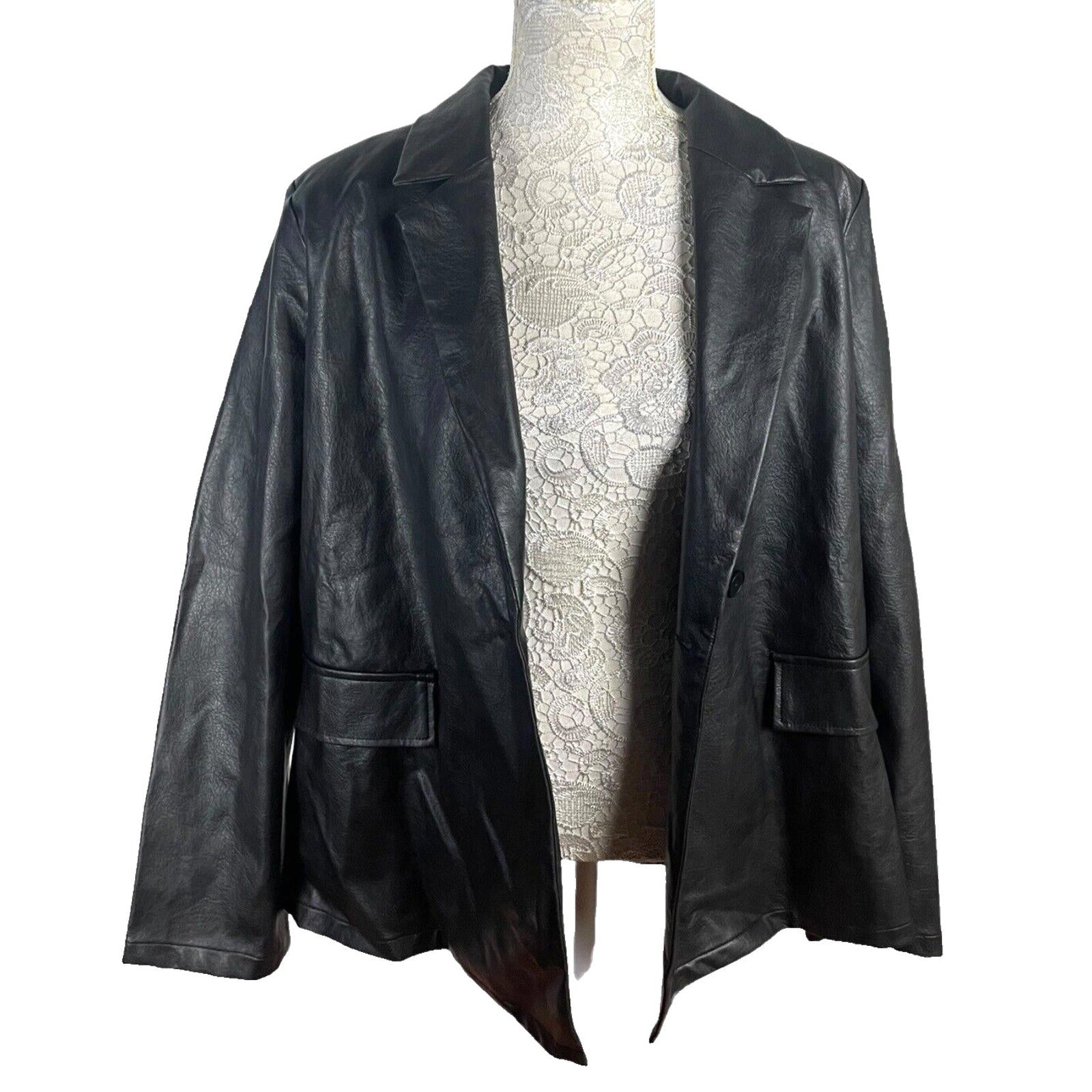 Pretty Little Thing Faux Leather Jacket Oversized Black Women's UK Size 8