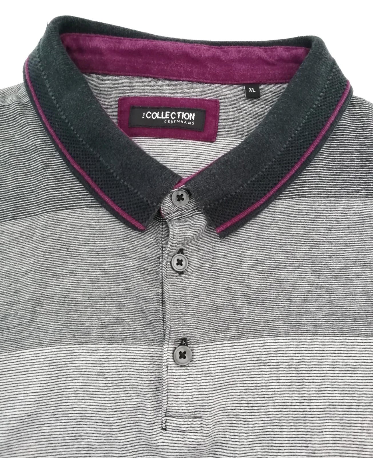 Debenhams Men's UK Size XL Grey Polo Shirt Striped Plum Black Collar Side Gusset