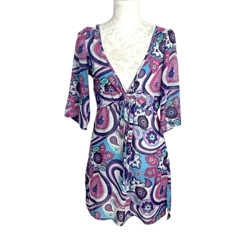Next Paisley Print Cover Up Mini Dress Women's UK Size 8 V-Neckline Tie Detail