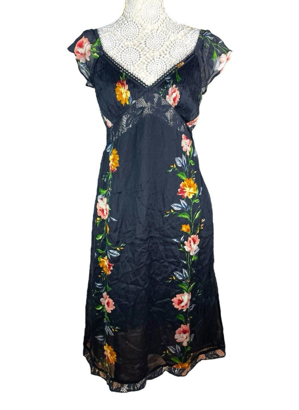 Black Floral Maxi Dress Lace Panels Women’s UK Size 8