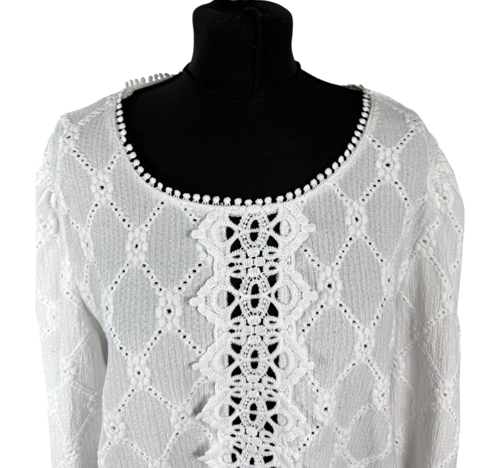 Shein Lace Blouse Women’s UK Size XL White Long Sleeve Crochet Panel Round Neck