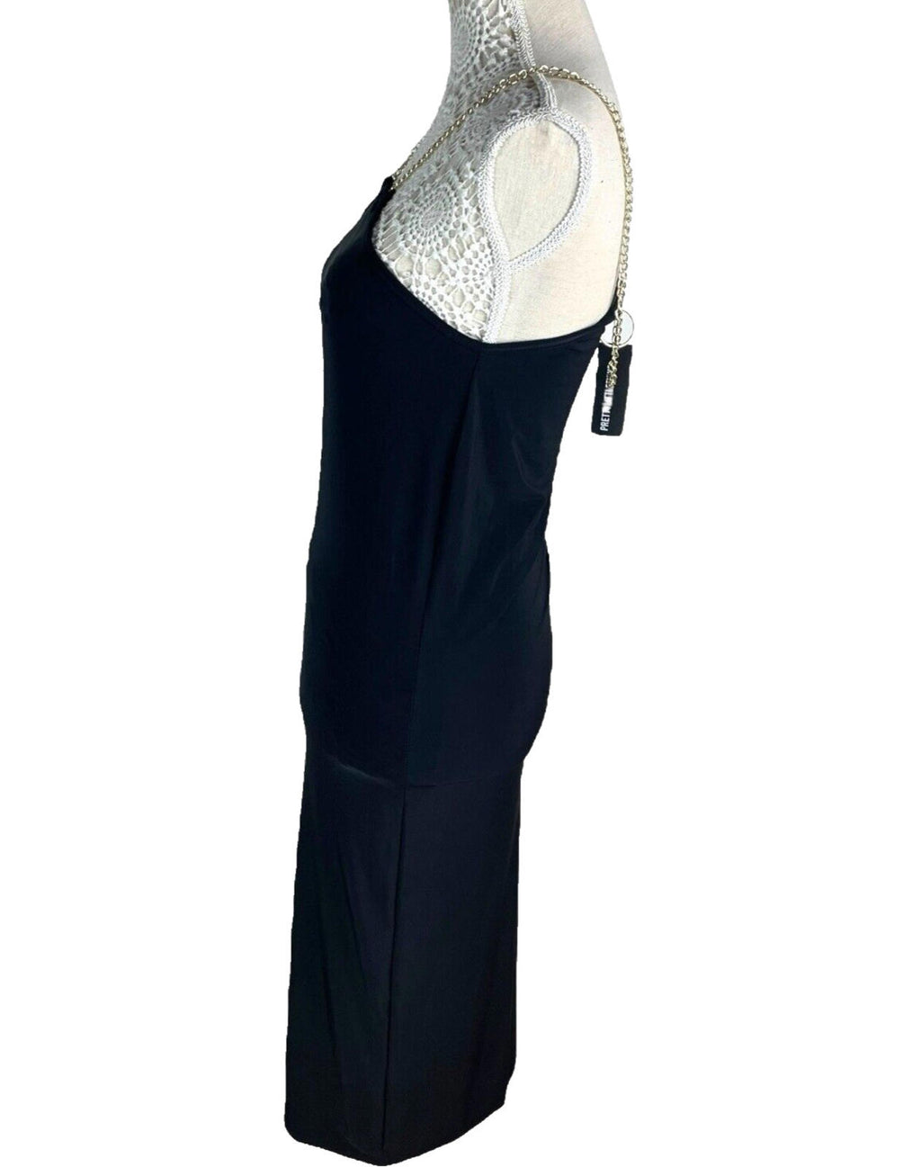 Pretty Little Thing Bodycon Midi Dress Women’s UK Size 8 Black Gold Chain Detail