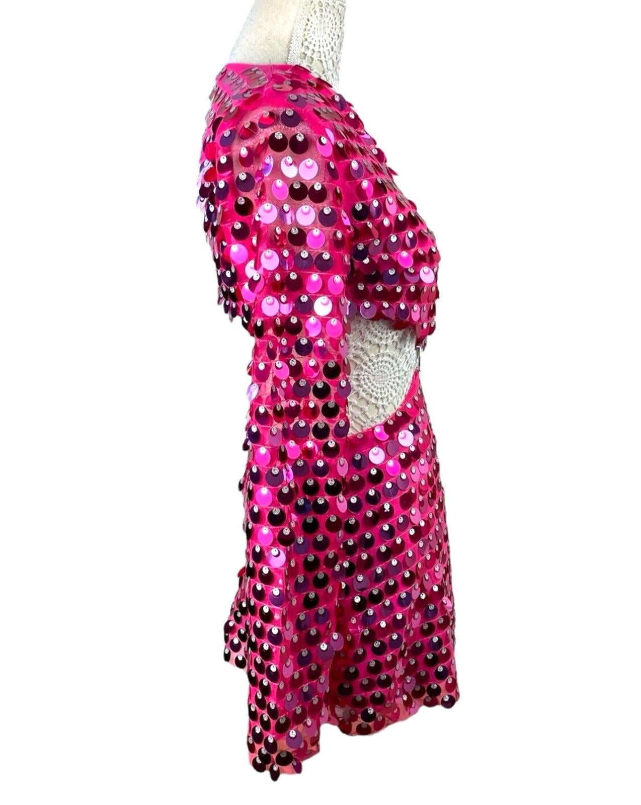 Bright Pink Big Sequin Cut Out Mini Dress Long Sheer Sleeve Women’s UK Size 8-10