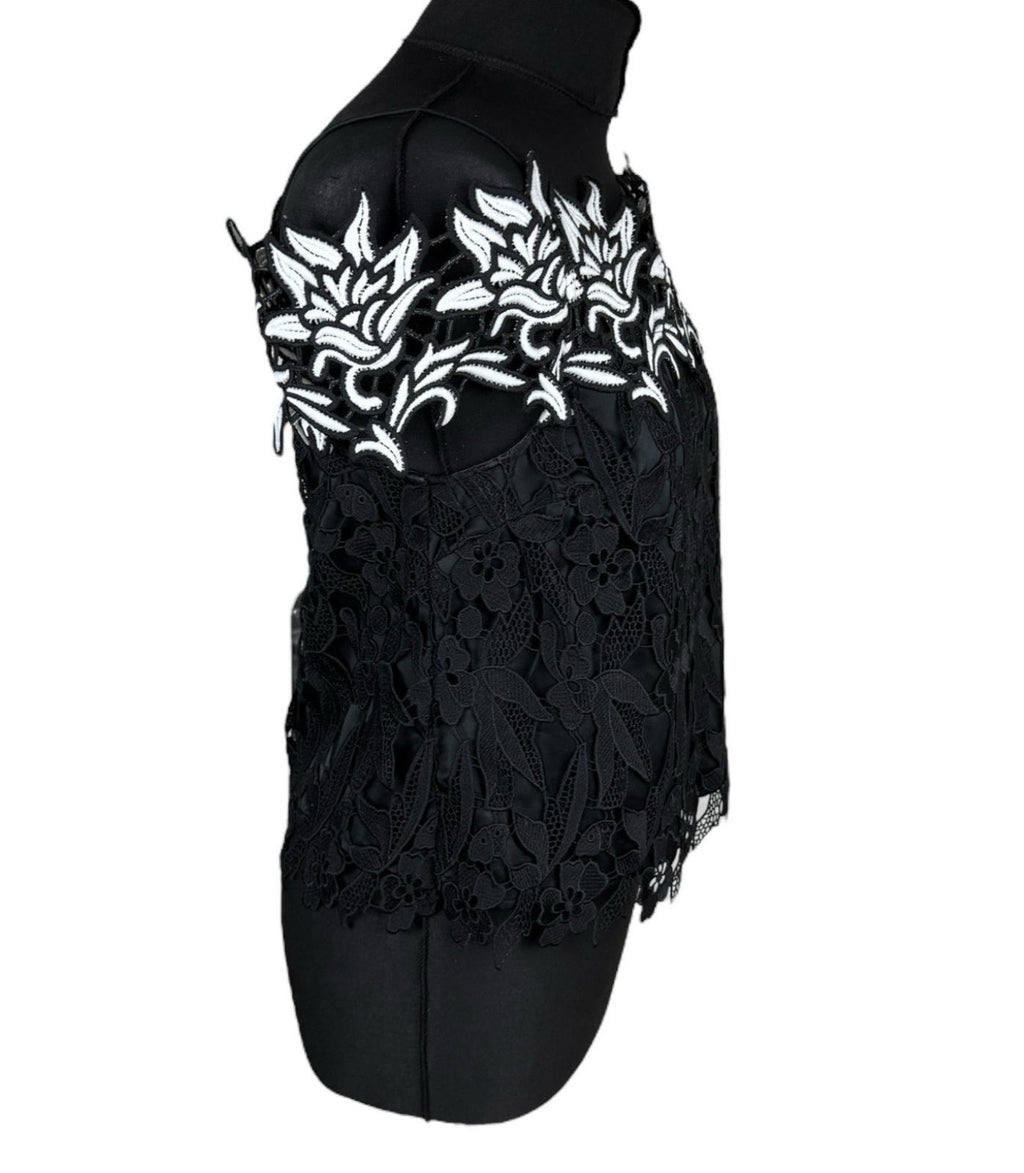 Topshop Black White Floral Lace Tank Top Strapping Sleeve Women’s UK Size 10