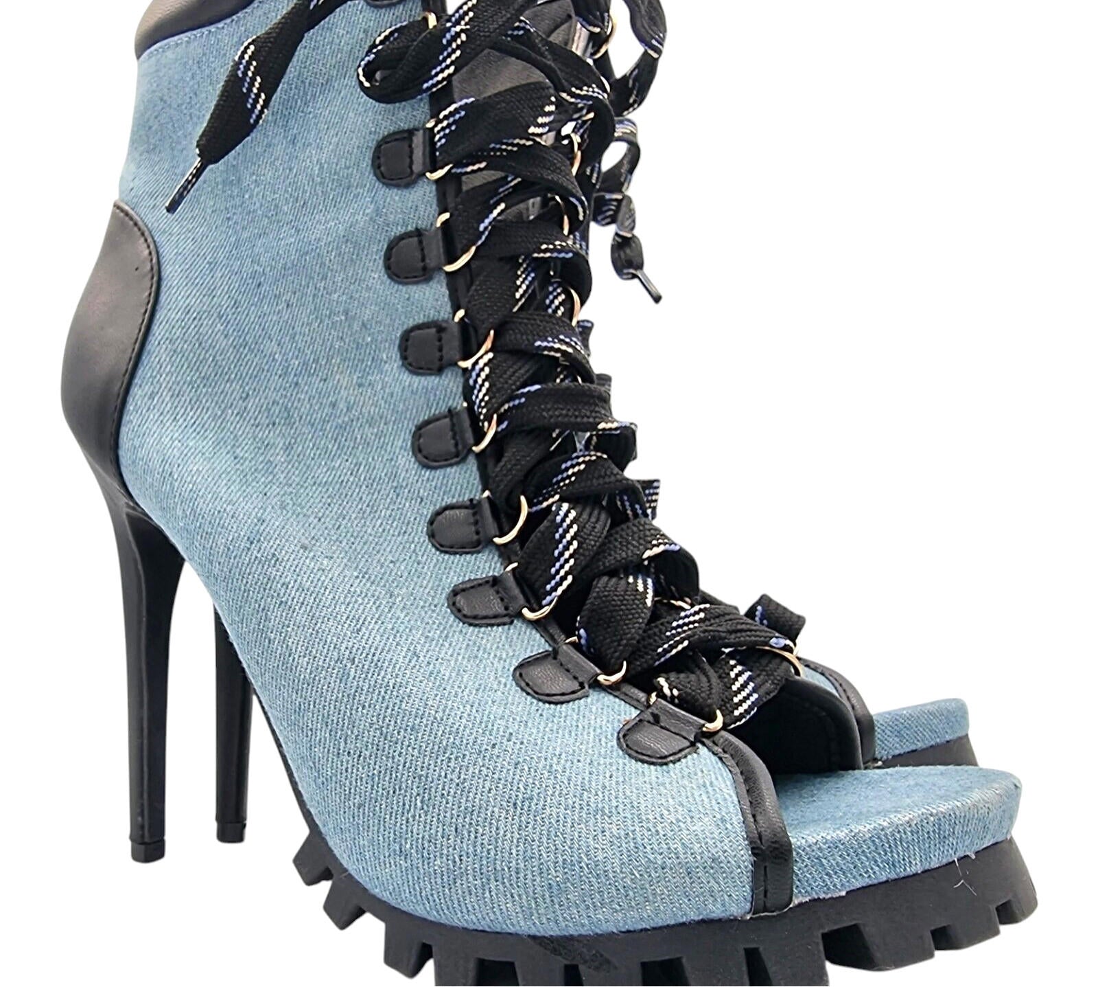 Denim Stiletto Shoe Women's UK Size 6.5 Open Toe Heel Lace Up Zip Fastening Boot