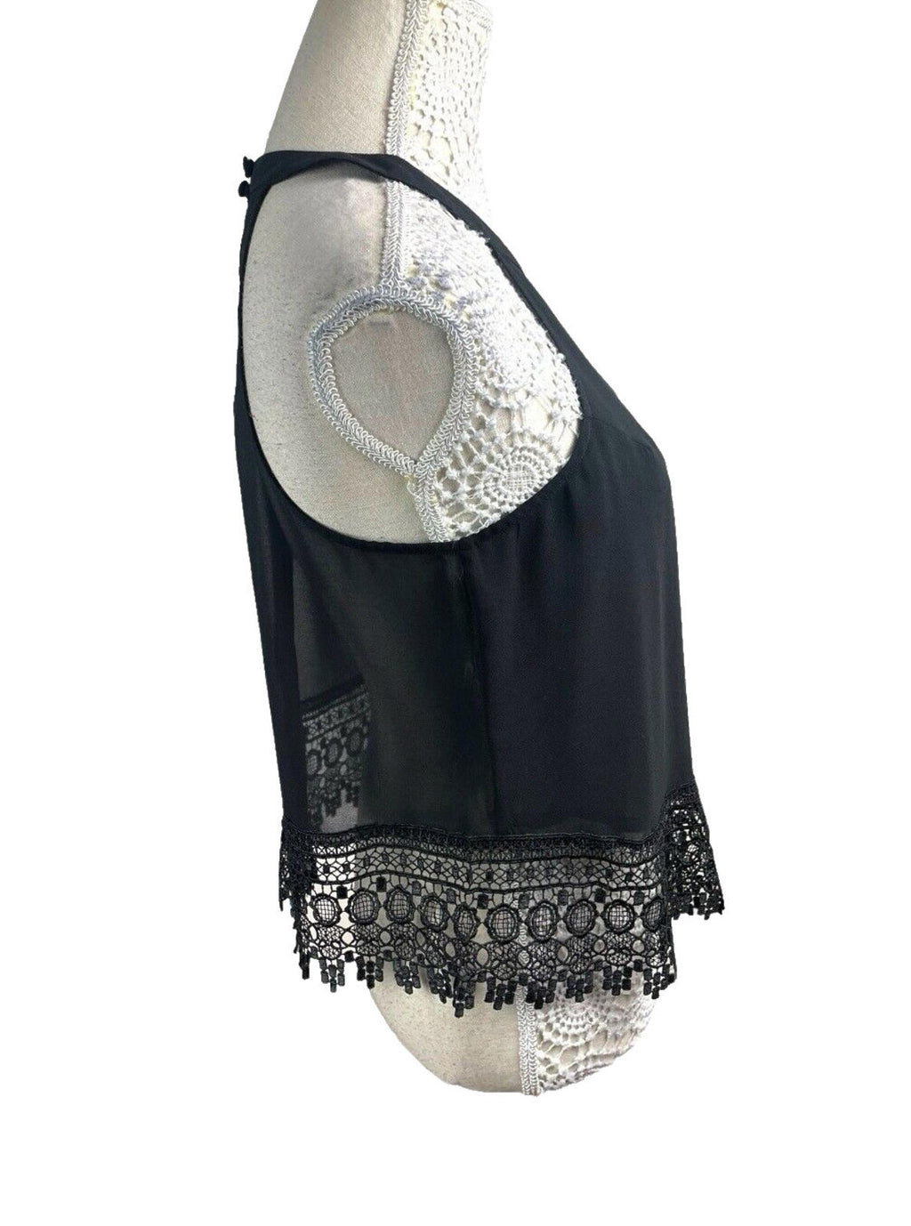 Crochet Hem High Neck Chiffon Tank Women’s UK Size 12 Black Halter Sleeveless