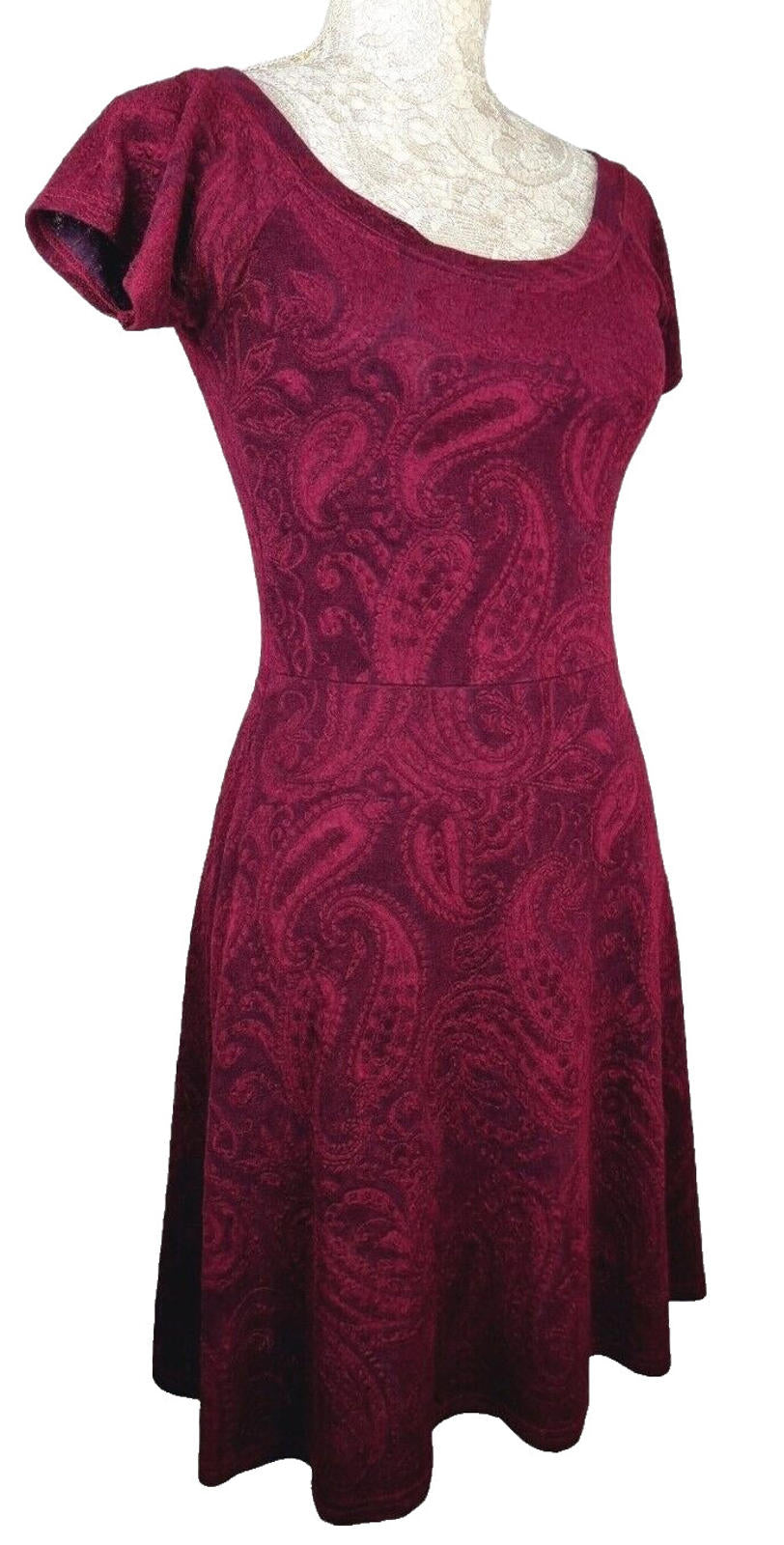 Miss Selfridge Fit & Flare Paisley Mini Dress Women's UK Size 12 Burgundy Red