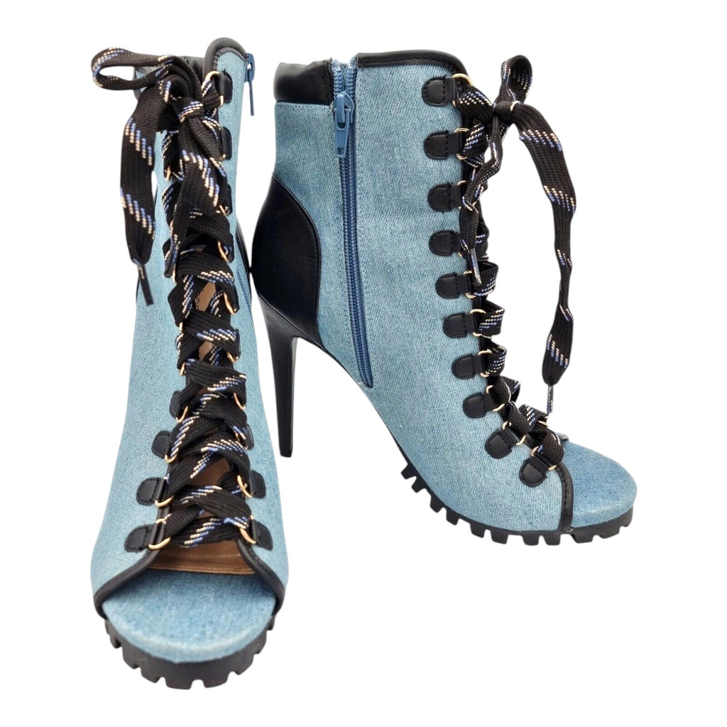 Denim Stiletto Shoe Women's UK Size 6.5 Open Toe Heel Lace Up Zip Fastening Boot
