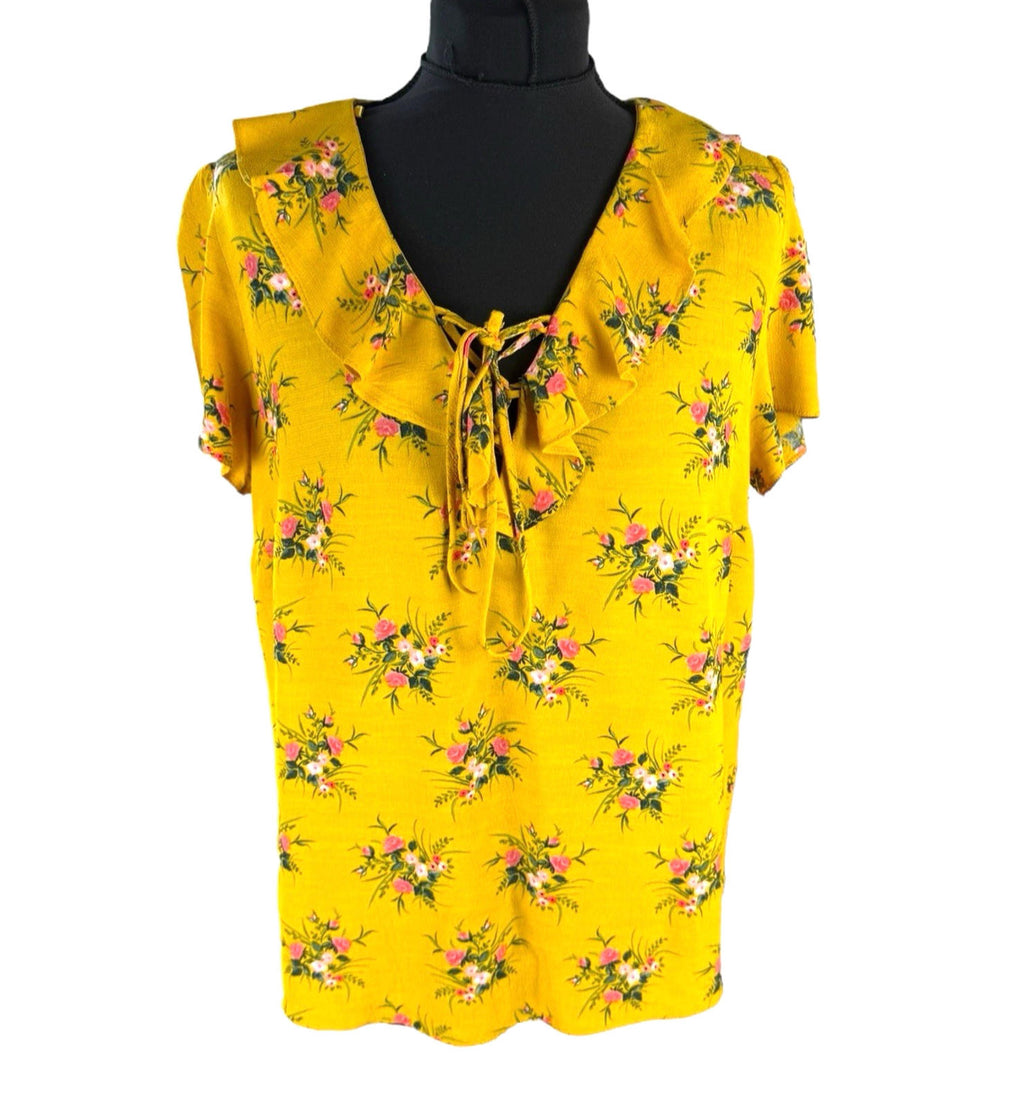 Dorothy Perkins Floral Blouse Women’s UK Size 14 Yellow Ruffle Collar Tie Neck