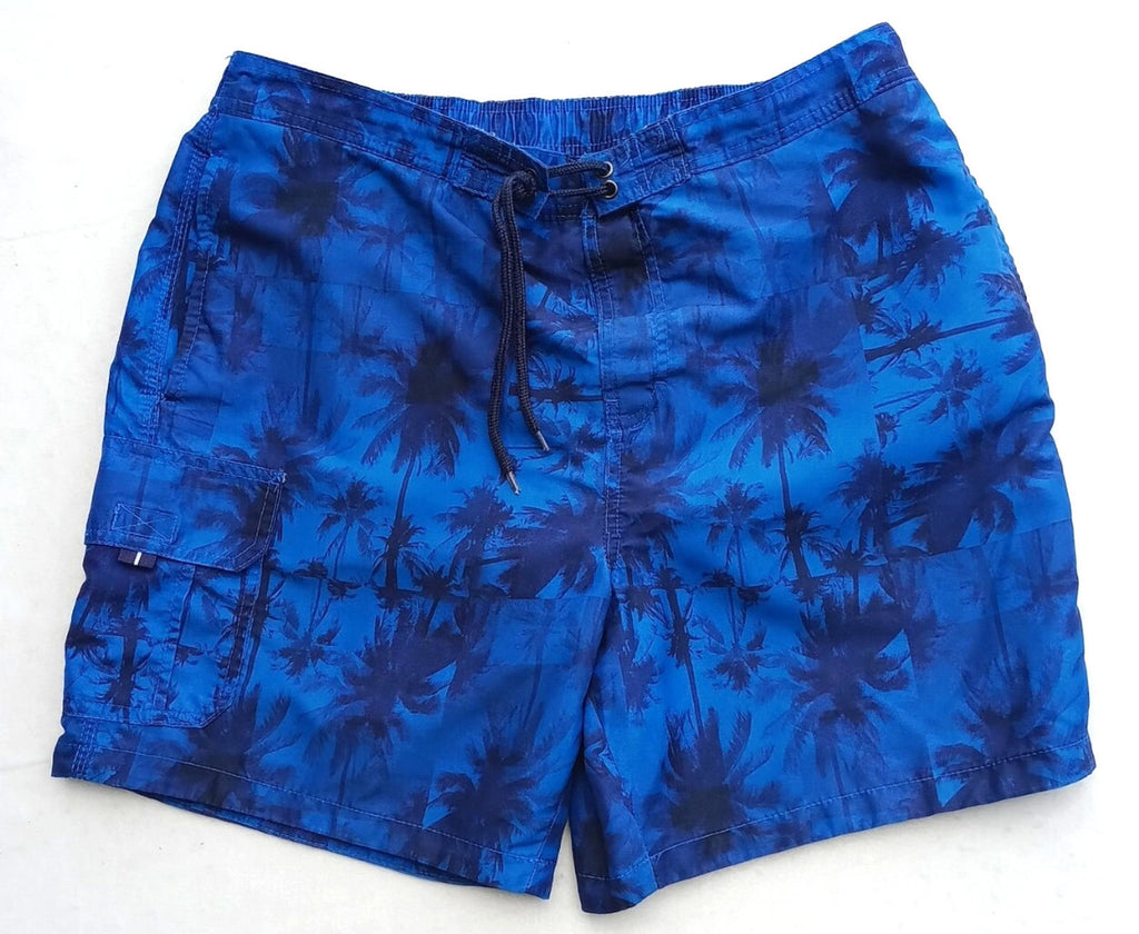 Palm Tree Swim Shorts Men's UK Size L Blue Pockets Drawstring Hawaiian Print
