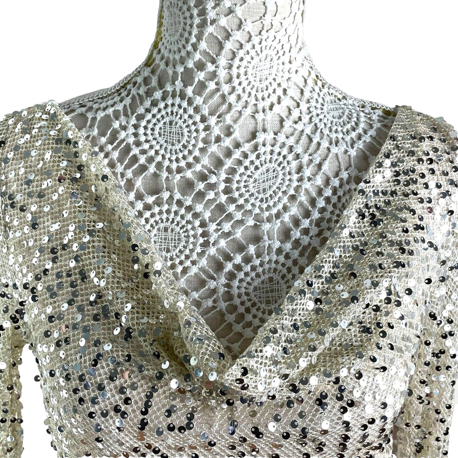 Silver Sequin Mini Dress Women’s UK Size 8 Long Sleeve Cowl Neckline Occasion
