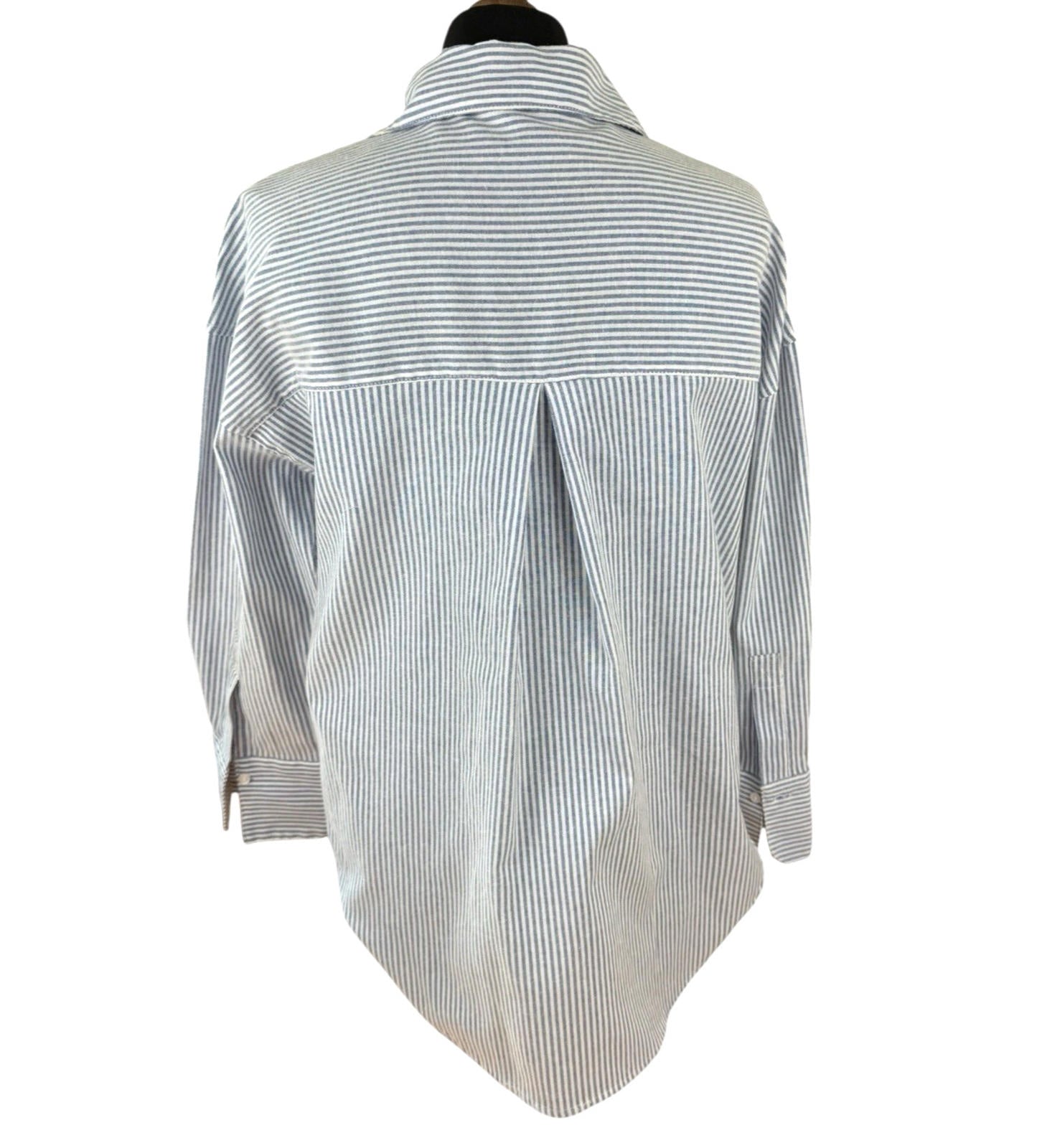 Zara Blue Stripe Shirt Blouse Collared Long Sleeve Distressed Womens UK Size S