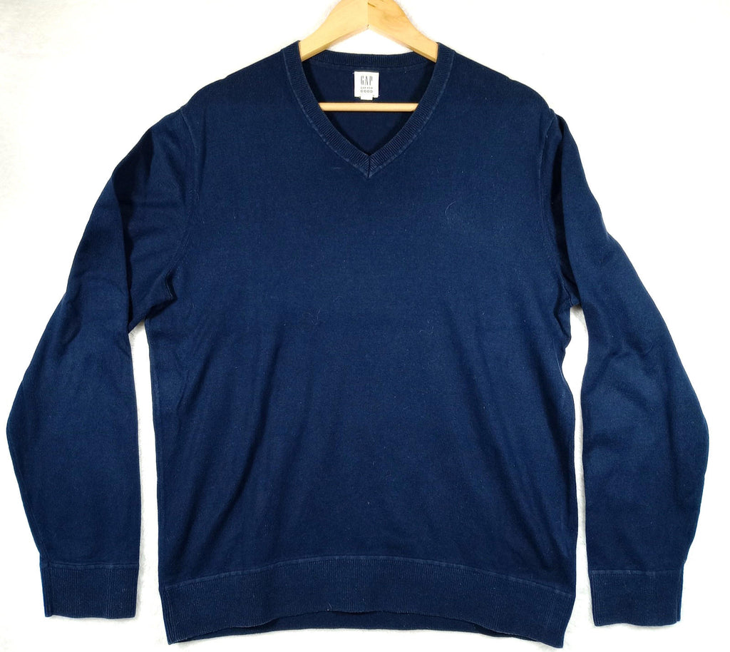 Gap Knit Jumper Men's UK Size L Blue Long Sleeve 100% Cotton V-Neck Sweater