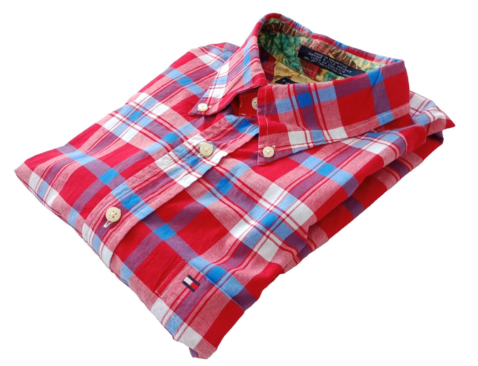Tommy Hilfiger Shirt Men's UK Size L Red Check Short Sleeve Pockets 100% Cotton
