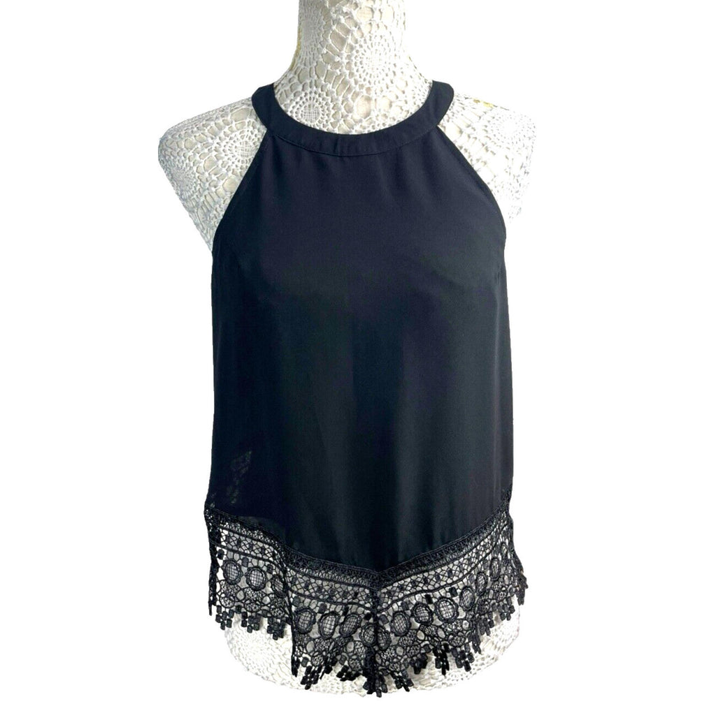 Crochet Hem High Neck Chiffon Tank Women’s UK Size 12 Black Halter Sleeveless