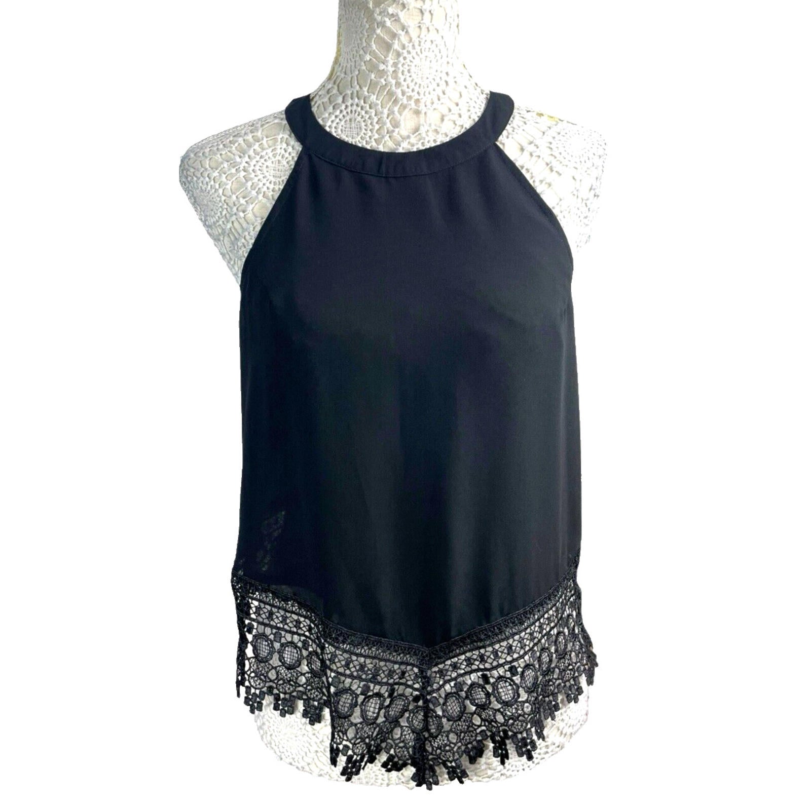 Crochet Hem High Neck Chiffon Tank Women’s UK Size 12 Black Halter Sleeveless